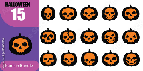 Set of fifteen spooky pumpkin skull icons for halloween design projects and festive autumn holiday decoration elements