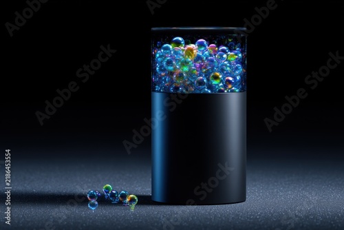 Vibrant glowing neon bubbles in container