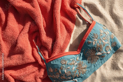 Teal bikini on coral towel