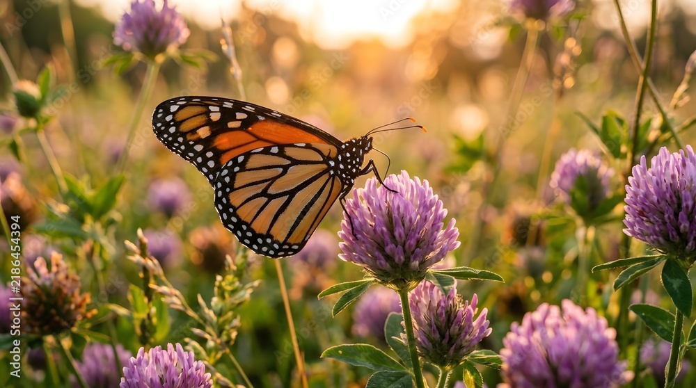 Obraz premium Monarch butterfly perched on a purple clover flower in a sunlit summer meadow with wildlife photography