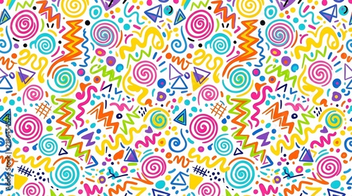 Nineties retro style pattern with colorful doodles squiggles and geometric shapes squiggly lines seamless pattern