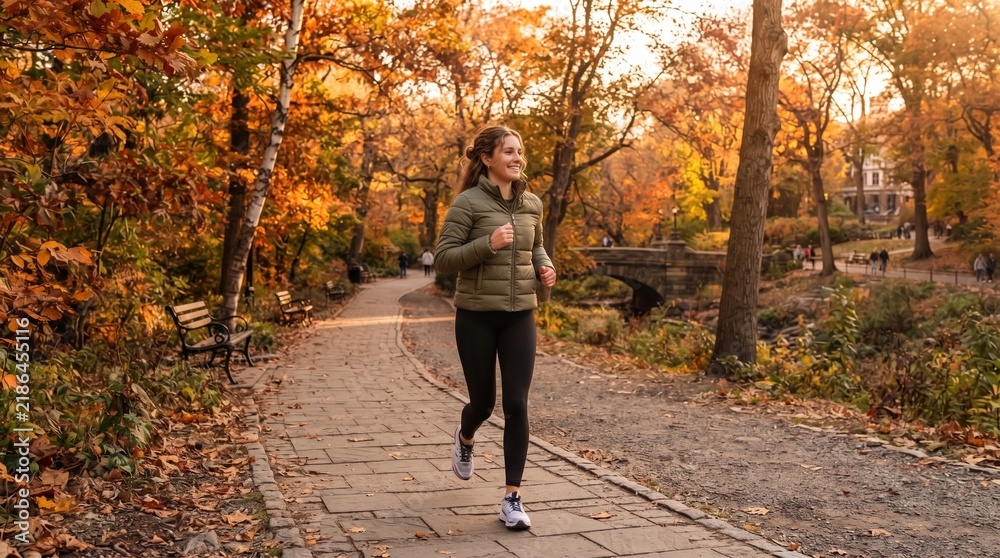 Fototapeta premium Smiling young woman jogging along a stone path in a scenic park during autumn with golden trees and a stone bridge