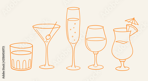 Hand Drawn Cocktail and Beverage Glassware Doodle Collection with Martini, Champagne and Wine Glasses