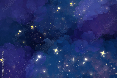 Dark blue cosmic background featuring mystical nebula clouds and sparkling golden star bursts ideal for night sky posters festive banners and magical design projects