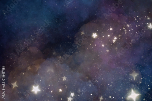 Dark cosmic background featuring mystical nebula smoke clouds and sparkling star bursts ideal for night sky posters festive banners and magical design projects