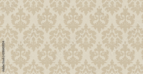 Konstfotografi Beige damask pattern wallpaper with a vintage floral motif and textured fabric s