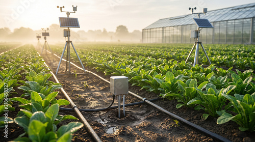 Solar powered weather stations and smart soil moisture sensors monitor green leafy vegetable crops in bright morning sunlight during spring