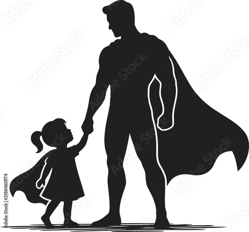 Black and White Superhero Father and Daughter Silhouette Vector Illustration