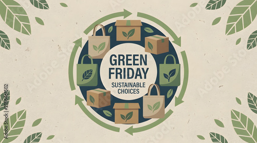Green Friday sustainable choices, eco-friendly shopping bags and paper boxes surrounded by leaf pattern, environmentalism concept, recycling symbol illustration, nature background
