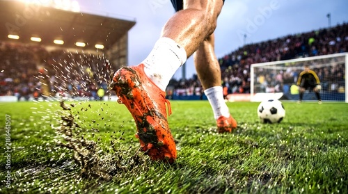 Close up of soccer player running on muddy pitch in stadium
