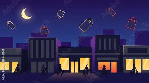 Night shopping street scene with glowing storefronts, shoppers' silhouettes, crescent moon, and floating sale tags. Evening commerce illustration, urban retail background