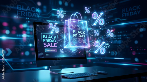 Futuristic Black Friday sale promotion, neon holographic shopping bag concept, cyber glowing discount signs, digital marketing advertisement, e-commerce web page layout