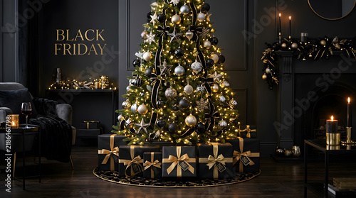 Black Friday Text on Wall, Elegant Christmas Tree with Gold Lights, Dark Luxury Interior Ambience, Black Gift Boxes with Golden Bows, Modern Holiday Decoration Concept