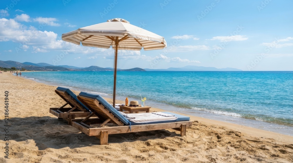 Obraz premium Sun loungers and umbrella on a sandy beach by the sea