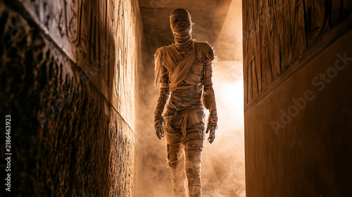 Low-angle full-body view of a weathered mummy emerging from a dark ancient pyramid corridor, decayed linen wrappings covering the figure from head to toe while dusty stone walls, h