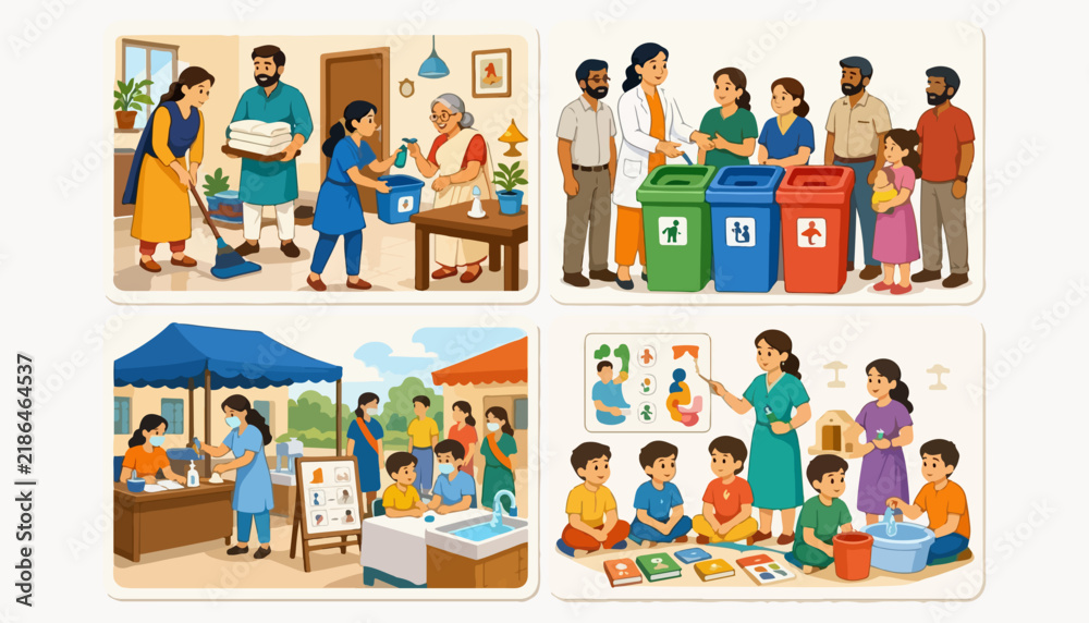 Fototapeta premium Community Sustainability and Local Education Hand Drawn Doodle Illustration Collection with Recycling Bins, Farmers Market, Volunteers, Children and Environmental Activities