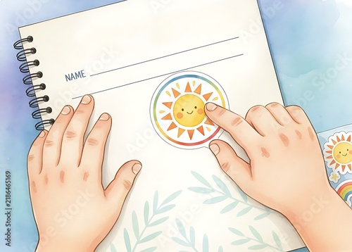 Watercolor illustration of child hands joyful sticking cute sun sticker on notebook cover with copy space.