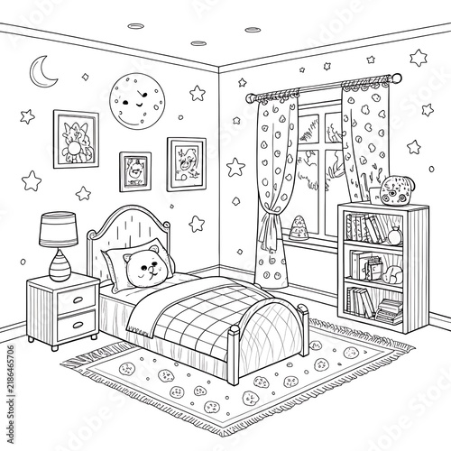 Cozy children's bedroom with wooden bed and bookshelf