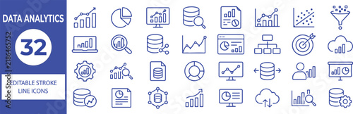 32 Data Analytics Vector Outline Icons Set,Business Intelligence, Data Visualization, Charts, Reports and Analysis Line Symbols Collection