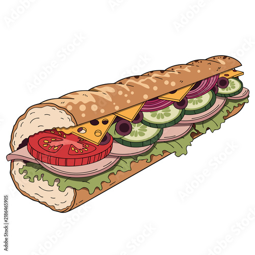 Fresh Submarine Sandwich with Ham Cheese Tomato Cucumber and Lettuce Illustration