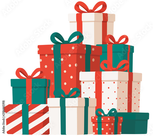 Colorful Christmas Gift Boxes with Ribbons and Bows, Festive Holiday Presents Illustration