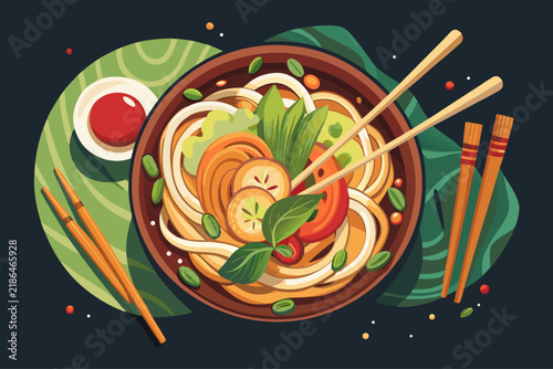 Top View Illustration of a Delicious Bowl of Asian Noodles with Chopsticks on a Dark Background