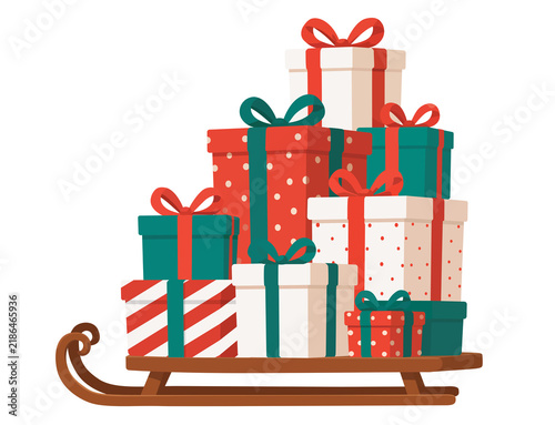 Christmas Sleigh Full of Colorful Gifts and Presents, Festive Holiday Illustration