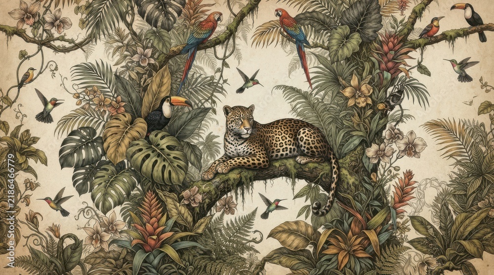 Fototapeta premium Vintage tropical jungle wallpaper with leopard and exotic birds