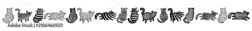 A horizontal pattern of stylized cats drawn by hand in a doodle style.
