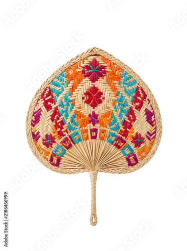 Colorful Traditional Indian Hand Fan Made from Natural Fibers with Vibrant Decorative Patterns on transparent background