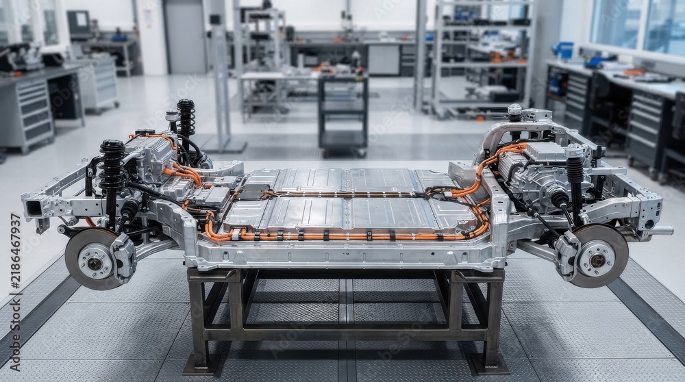 Fototapeta premium Electric vehicle chassis with battery pack and drivetrain in factory