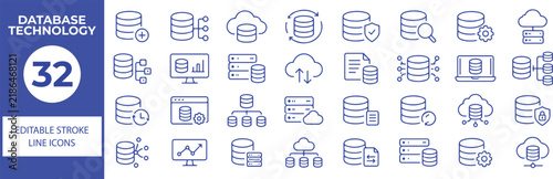 32 Database Technology Vector Outline Icons Set,Database Management, Server, Cloud Storage, Data Security and Computing Line Symbols Collection