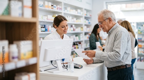 Pharmacist assisting a senior customer with a prescription at a modern pharmacy
