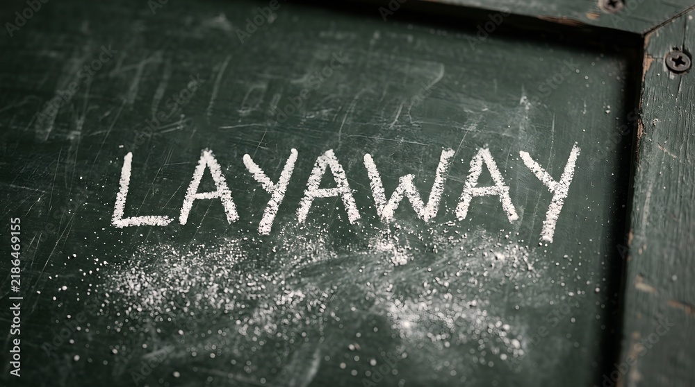 Fototapeta premium Handwritten Layaway Text on a Dusty Vintage Chalkboard Representing a Traditional Payment Plan for Purchasing Expensive Goods Over Time