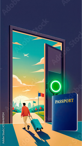 Man walking through open door toward travel scene with passport