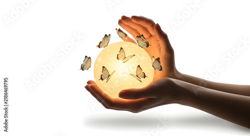 Gentle Hands Cupping a Glowing Orb Surrounded by Delicate Butterflies in a Surreal Dreamlike Scene