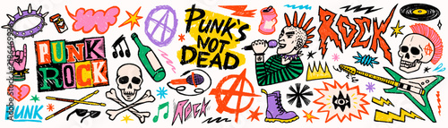 Punk rock music sticker set with guitar, skull, microphone and graffiti doodle symbols in colorful funky scribble style. Punk rock graphics for posters, merch and album prints