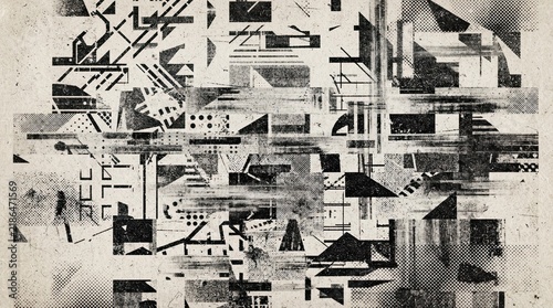 Abstract geometric composition with grunge texture and halftone patterns in black and white