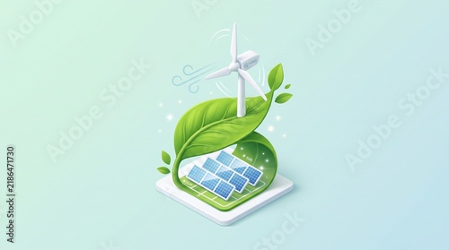 Minimalist 3D isometric illustration of a green leaf intertwined with a wind turbine and solar panels, soft pastel background, clean studio lighting, isolated subject with negative space, high commerc