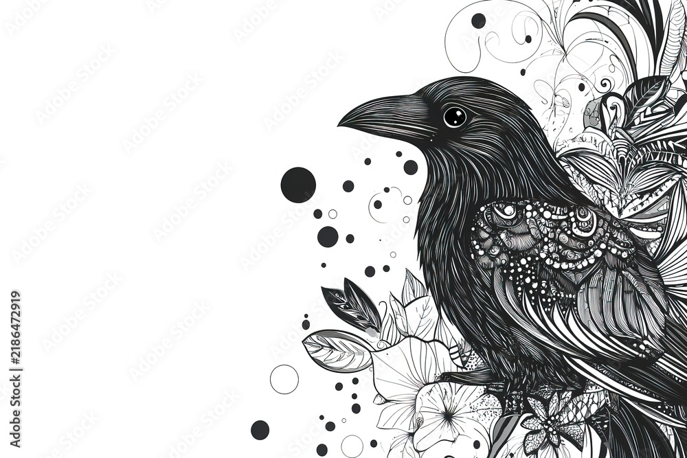 Obraz premium Ornate black crow illustration with abstract dots and lace textures. Perfect for contemporary fashion textile prints, handmade soap wrapping paper, or artisanal craft brewery bottle labels