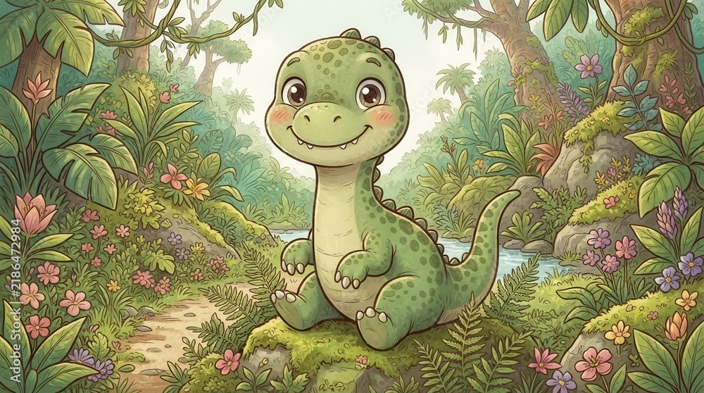 Fototapeta premium Cute baby dinosaur in a prehistoric jungle with tropical plants