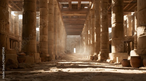 Sunlit ancient temple hall with rows of weathered stone columns and clay pots in a dusty, historic environment