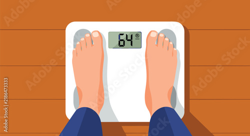 Top view of a person standing on white digital bathroom scales showing weight on a wooden floor background.