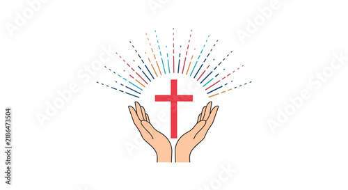 Human hands gently cradling a red christian cross with colorful divine rays shining above, religious hope vector illustration.