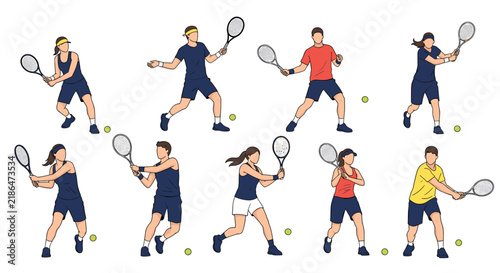 Collection of diverse male and female tennis players in various athletic action poses hitting the ball, flat vector illustration.