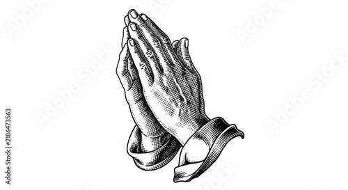 Detailed human hands folded in prayer or hope, classic spiritual vintage woodcut engraving style sketch illustration.