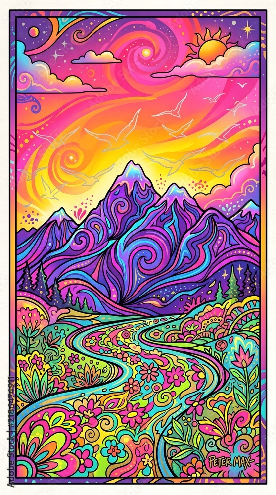 Obraz premium Vibrant Psychedelic Landscape with Swirling Colorful Mountains and Winding River under a Cosmic Sky