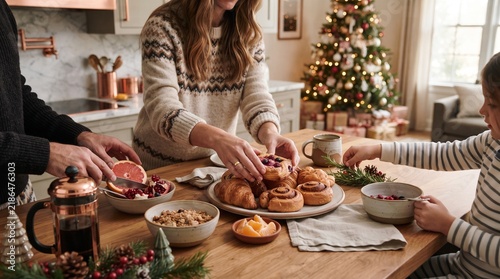 Family members preparing a special breakfast together in the kitchen on Christmas morning.