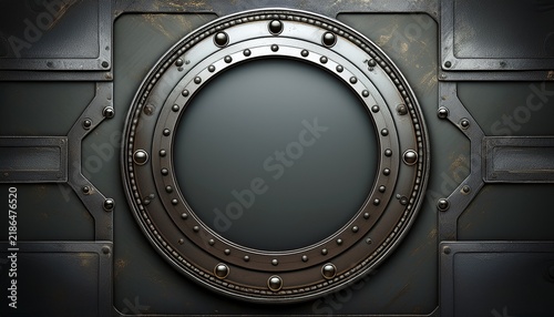 metallic round frame with rivets and scratches is waiting for your message