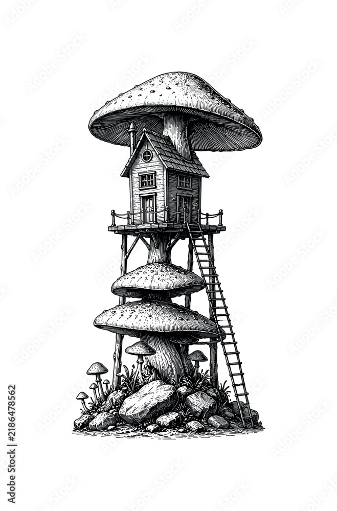 Fototapeta premium Vintage surreal engraving of a whimsical mushroom house on stacked fungi